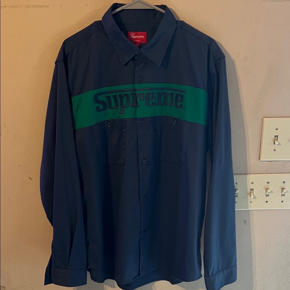 SUPREME RACING LOGO WORK SHIRT SS19 BLUE/GREEN SIZE LARGE